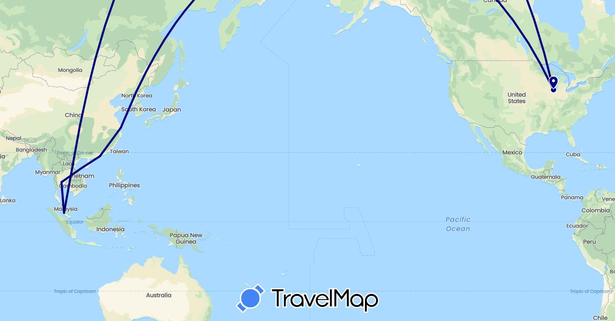 TravelMap itinerary: driving in China, Malaysia, Thailand, United States (Asia, North America)